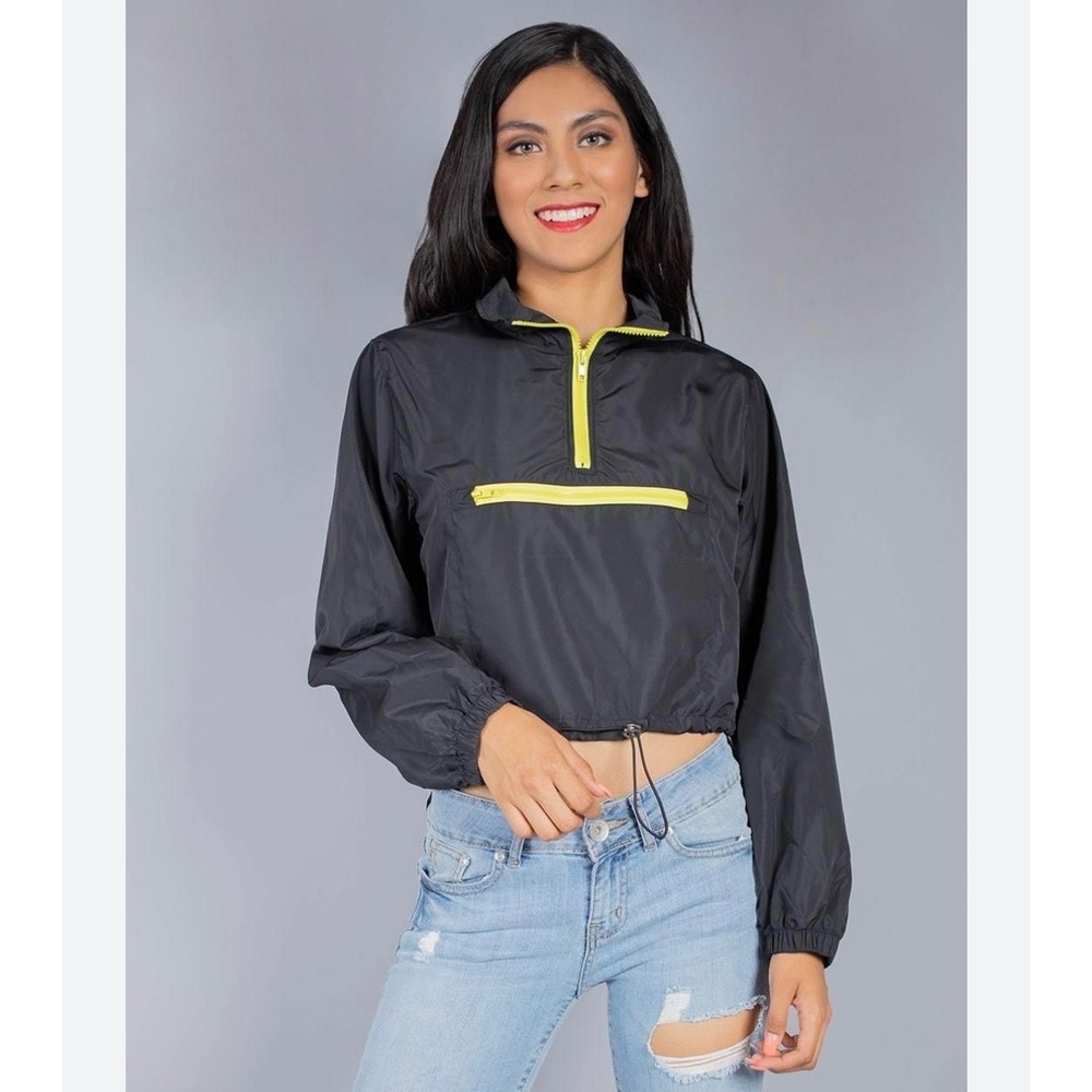 Love Tree Windbreaker Cropped Black Neon Zip Pullover Jacket Size M